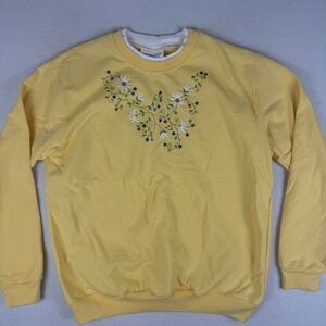 Country Store Womens Yellow Embroidered Floral Daisy Sweatshirt Mock Neck Large